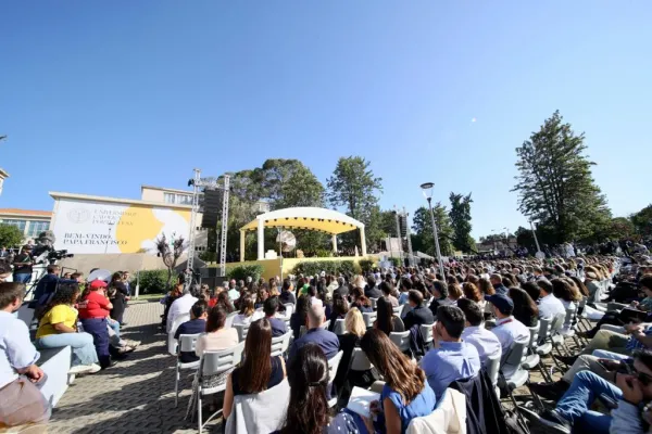 Pope Francis meets with students at the Portuguese Catholic University in Lisbon, Portugal, on Aug. 3, 2023. Daniel Ibáñez/CNA