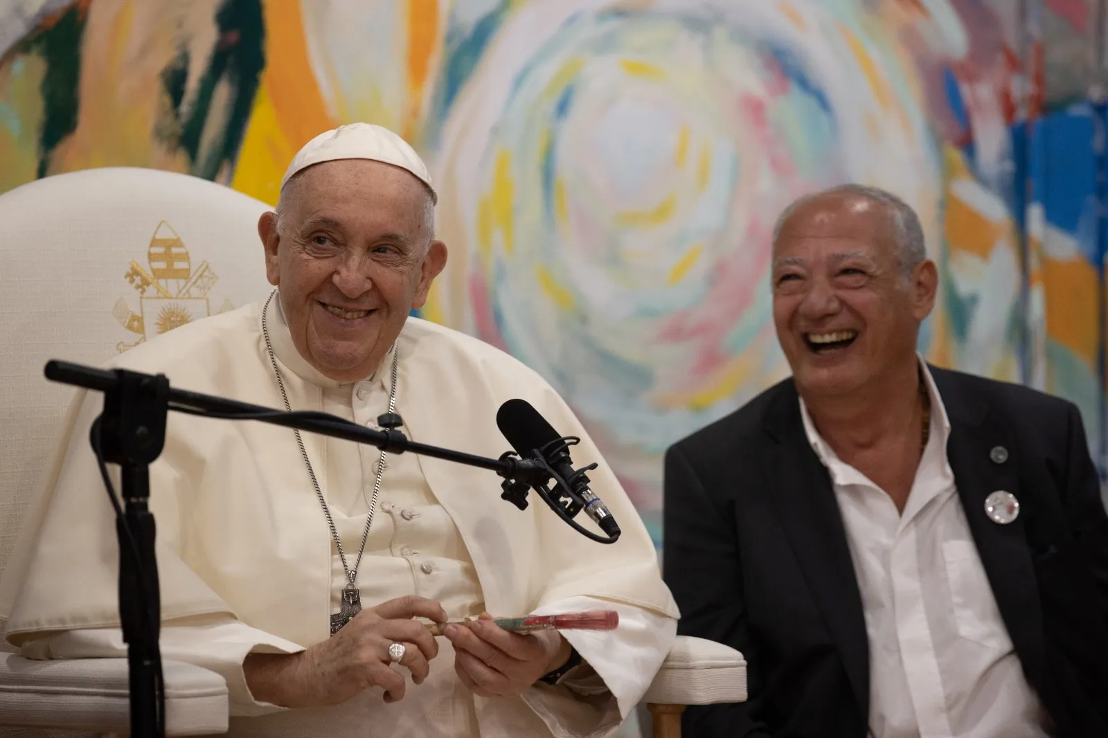 Pope Francis and José María Del Corral, president of the Scholas Occurrentes youth movement, smile during a meeting with the group's volunteers in Cascais, Portugal, on Aug. 3, 2023.?w=200&h=150