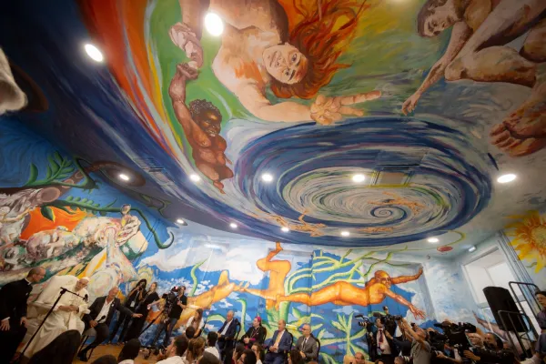 A view of the "Life between Worlds" mural project at the Portuguese headquarters of the Scholas Occurrentes youth movement in Cascais, Portugal. Pope Francis visited with members of the community on Aug. 3, 2023. Daniel Ibáñez/CNA