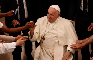 Pope Francis meets with charity workers at the Centro Paroquial de Serafina in Lisbon on Aug. 4, 2023. Daniel Ibanez/CNA