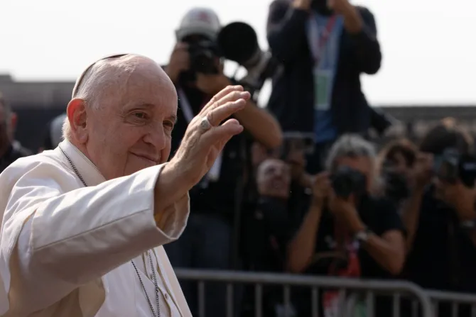 Pope Francis greets the crowd in Fatima, Portugal on Aug. 5, 2023.