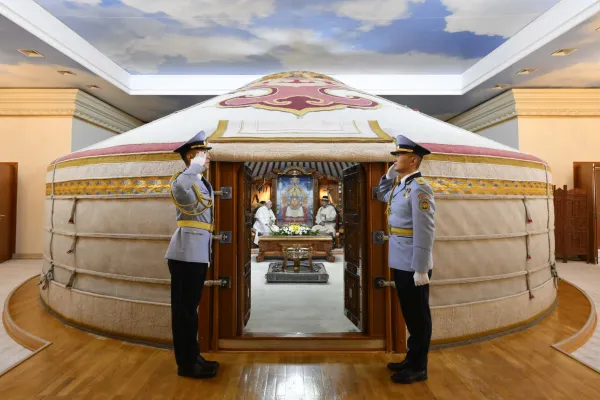 Pope Francis meets with Mongolian President Ukhnaagiin Khürelsükh inside of a traditional ger, or yurt, inside of the State Palace in Ulaanbaatar on Sept. 2, 2023. Vatican Media