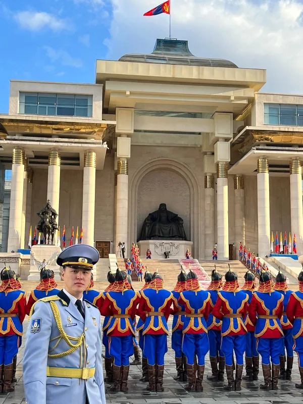 The Mongolian Honor Guard stood watch in front of the State Palace as Pope Francis arrived in Ulaanbaatar's Sukhbaatar Square on Sept. 2, 2023. Courtney Mares/CNA