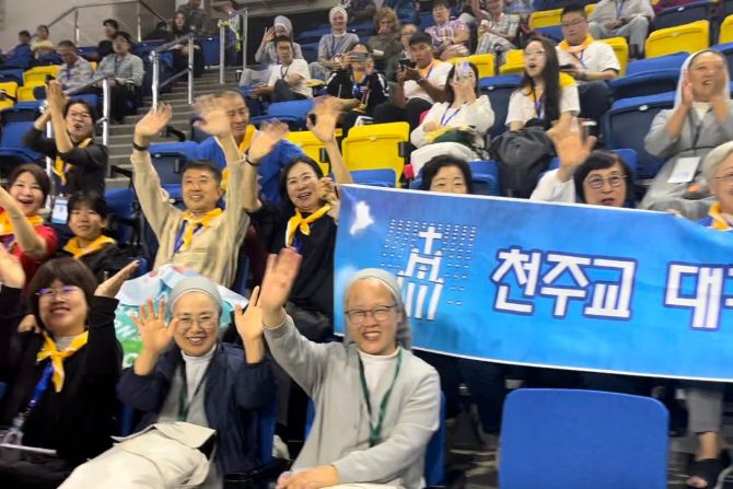 South Korean Catholics at Pope Francis' Mass in Ulaanbaatar, Mongolia on Sept. 3, 2023.