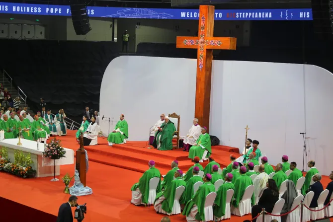 Pope Francis presides over the first-ever papal Mass on Mongolian soil in Ulaanbaatar's Steppe Arena on Sept. 3, 2023.
