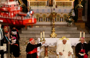 Pope Francis entrusted a meeting of Mediterranean bishops and youth to the Virgin Mary during the first appointment of a two-day trip to Marseille, France, Sept. 22, 2023. The model ships hanging in Marseille's Basilica de Notre-Dame de la Garde are a testament to the faith of the sailors who have relied on the intercession of Our Lady over the centuries. Credit: Daniel Ibáñez/EWTN News