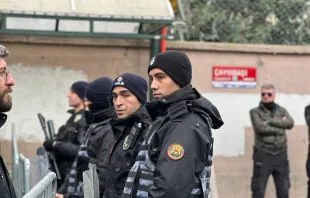 Turkish police stand guard outside the scene of an armed attack at a Catholic church in Istanbul, Turkey, on Jan. 28, 2024. Credit: Rudolf Gehrig/EWTN
