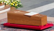 The coffin of Pope Francis rests before the altar at the funeral Mass on St. Peter’s Square, April 26, 2025.