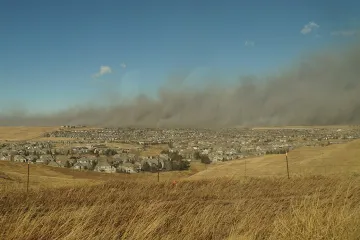 Smoke from the 2021 Boulder County fire over Superior, Colo., Dec. 30, 2021.