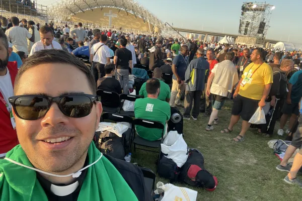 Father John Garabedian, just two months into his priesthood, led a group of pilgrims from the Diocese of Fall River, Massachusetts, to World Youth Day. Credit: Father John Garabedian