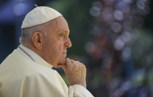 Pope Francis sits quietly during a meeting with students at the Portuguese Catholic University in Lisbon, Portugal, on Aug. 3, 2023. Vatican Media