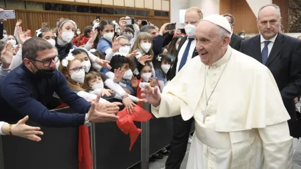 Pope Francis meets with the Little Choir of Antoniano at the Vatican on March 19, 2022. Vatican Media