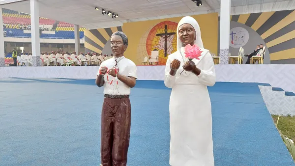 Statues of Blessed Isidore Bakanja and Blessed Marie-Clémentine Anuarite, young Congolese martyrs beatified by Pope John Paul II, in Martyrs' Stadium in Kinshasa, DRC, on Feb. 2, 2023. Elias Turk/CNA