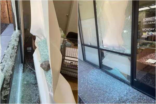 A window was smashed with a rock at A Woman's Friend Pregnancy Resource Clinic in Yuba City, California, June 27, 2022. A Woman's Friend Pregnancy Resource Clinic