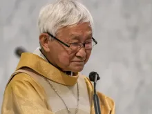 Cardinal Joseph Zen preaches a sermon during a Mass at the Holy Cross Church on May 24, 2022, in Hong Kong, China.