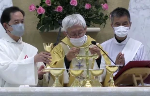 Cardinal Zen offers Mass on May 24, 2022 after appearing in court in Hong Kong. Screenshot from livestream of Mass