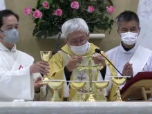 Cardinal Zen offers Mass on May 24, 2022 after appearing in court in Hong Kong.