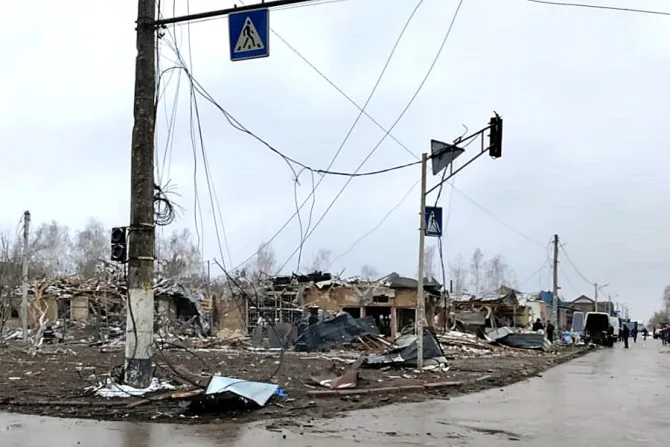 A bombed residential area in Zhytomyr, northern Ukraine